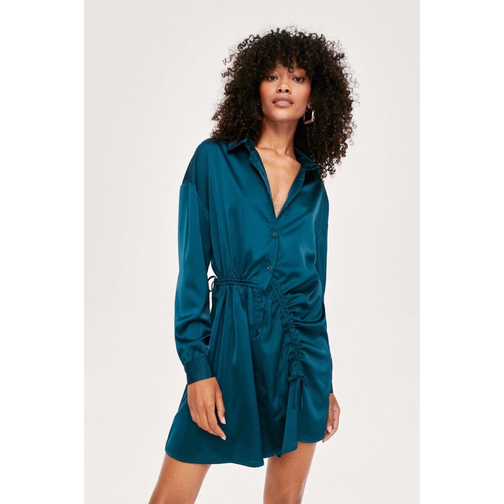NWT Nasty Gal Satin Ruched Front Mini Shirt Dress in Dark Green